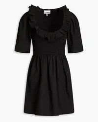 Ganni Ruffled shirred cotton-poplin mini dress - Black Black