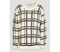 Checked cable-knit wool sweater - White