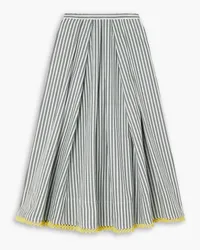 Rosie Assoulin Pleated lace-trimmed striped cotton-poplin midi skirt - Green Green