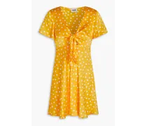 Cutout knotted polka-dot silk-satin mini dress - Yellow