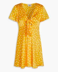 Claudie Pierlot Cutout knotted polka-dot silk-satin mini dress - Yellow Yellow