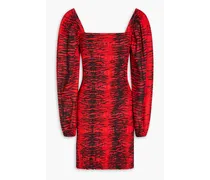 Shirred printed cotton-poplin mini dress - Red