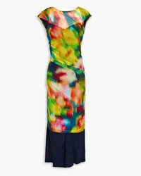 Dries van Noten Layered printed stretch-tulle and crepe de chine midi dress - Blue Blue