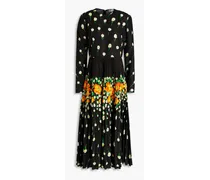 Pleated floral-print cotton-blend midi dress - Black