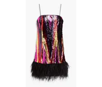Feather-trimmed sequined mesh mini dress - Pink