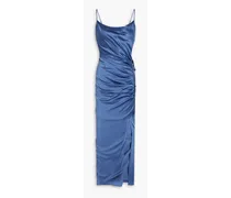 Ruched silk-blend satin maxi slip dress - Blue