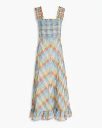 Ganni Shirred checked cotton-blend seersucker maxi dress - Multicolor Multicolor