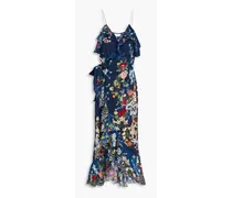 Embellished ruffled floral-print silk crepe de chine maxi dress - Blue