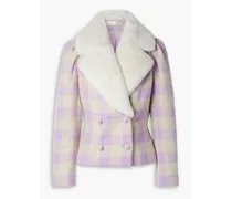 Dumont double-breasted faux fur-trimmed checked tweed jacket - Purple