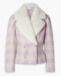 LoveShackFancy Dumont double-breasted faux fur-trimmed checked tweed jacket - Purple Purple