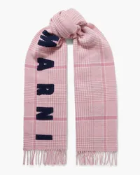 Marni Fringed embroidered Prince of Wales checked wool scarf - Pink Pink