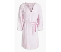 Belted striped linen mini shirt dress - Pink