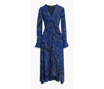 Ruched printed silk-crepe midi dress - Blue