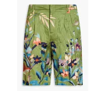Pleated floral-print satin shorts - Green