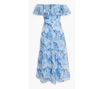 Off-the-shoulder ruffled printed broderie anglaise midi dress - Blue