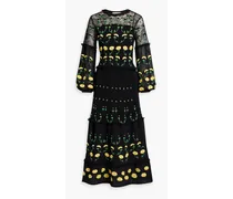 Embroidered lace-paneled crocheted cotton-blend maxi dress - Black