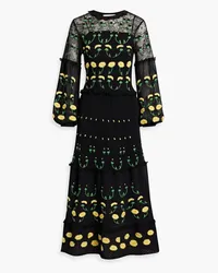 Valentino Garavani Embroidered lace-paneled crocheted cotton-blend maxi dress - Black Black