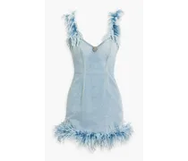 Embellished feather-trimmed denim mini dress - Blue