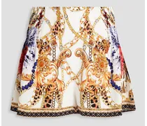 Gathered embellished printed silk crepe de chine shorts - White