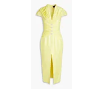 Button-embellished pleated linen-blend midi dress - Yellow