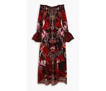 Off-the-shoulder embellished printed silk maxi dress - Red