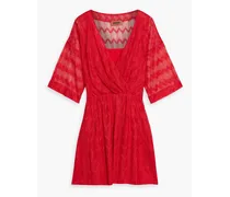 Wrap-effect crochet-knit silk-blend mini dress - Red