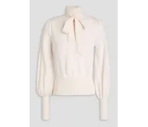 Pussy-bow merino wool turtleneck sweater - White