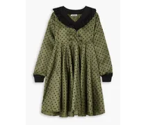 Flocked polka-dot satin-twill mini dress - Green