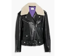 Livia shearling-trimmed leather biker jacket - Black