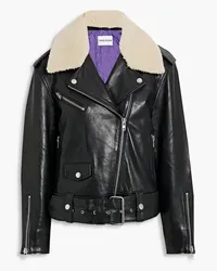 STAND Livia shearling-trimmed leather biker jacket - Black Black