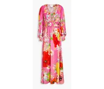 Crystal-embellished shirred floral-print silk crepe de chine maxi dress - Pink