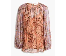 Gathered paisley-print silk-crepon blouse - Pink