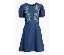 Embroidered cotton-chambray mini dress - Blue