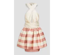 Pleated striped silk-satin mini dress - White
