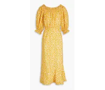 Grace off-the-shoulder printed silk crepe de chine midi dress - Yellow