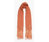 Metallic lace-paneled modal and cashmere-blend scarf - Red