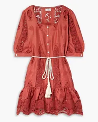 Miguelina Dixie belted lace-trimmed linen mini dress - Red Red