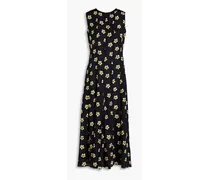 Pleated floral-print silk midi dress - Black