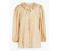 Concert ruffle-trimmed striped satin-jacquard blouse - Neutral
