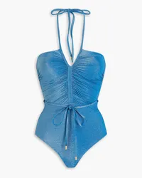 Zimmermann Raie ruched Lurex halterneck swimsuit - Blue Blue