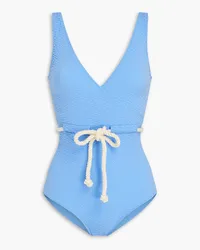 Lisa Marie Fernandez Yasmin wrap-effect rope-detailed stretch-seersucker swimsuit - Blue Blue