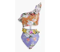 One-shoulder ruffled floral-print swimsuit - Purple