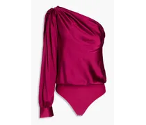 Violette one-sleeve gathered silk-blend satin bodysuit - Purple