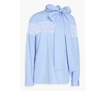 Lace-trimmed striped cotton-poplin blouse - Blue
