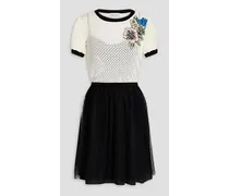 Point d'esprit paneled pointelle-knit cotton Mini dress - White