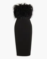 Badgley Mischka Strapless feather-embellished scuba midi dress - Black Black