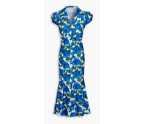 Embellished floral-print stretch-jersey midi dress - Blue
