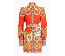 Embellished belted cotton and silk-blend mini dress - Orange
