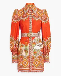 Zimmermann Embellished belted cotton and silk-blend mini dress - Orange Orange