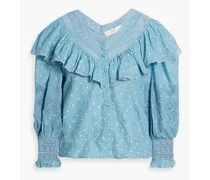 Bunnie ruffled embroidered polka-dot cotton blouse - Blue